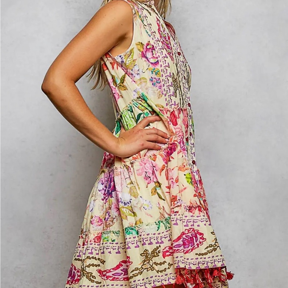 POL NWT Sleeveless Dress Cotton Button Closure Tassel Bead MEDIUM